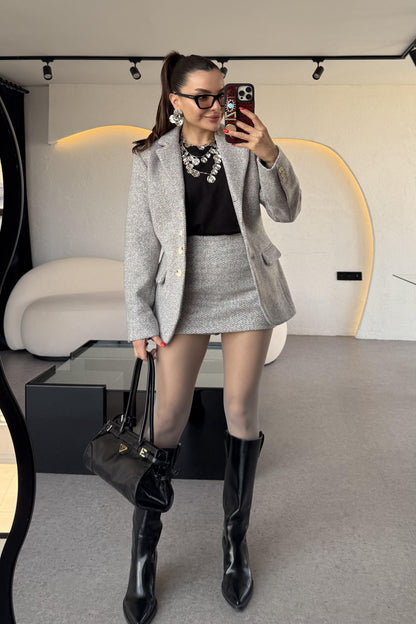 Tweed Gri İçi Şortlu Etek Takım