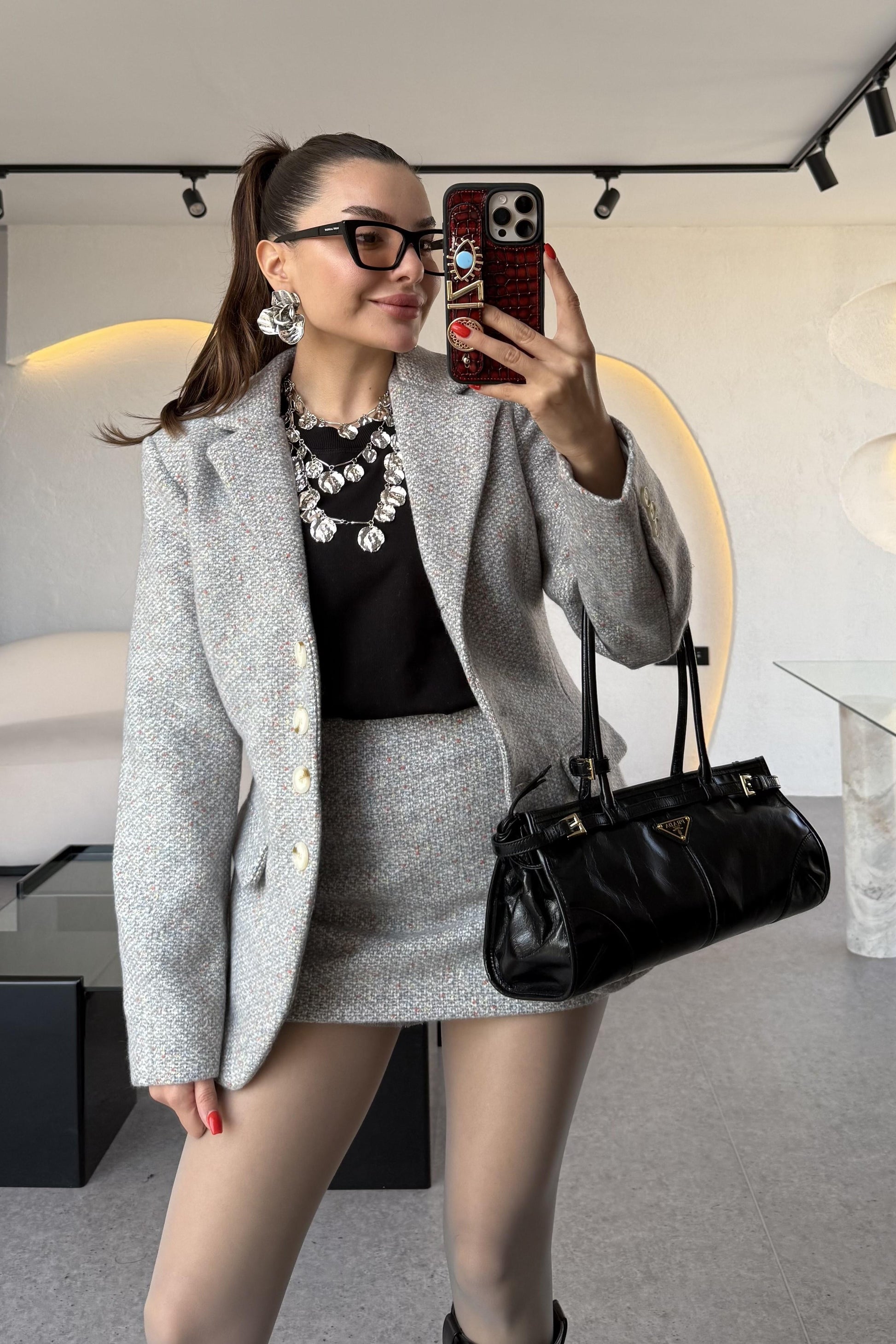 Tweed Gri İçi Şortlu Etek Takım