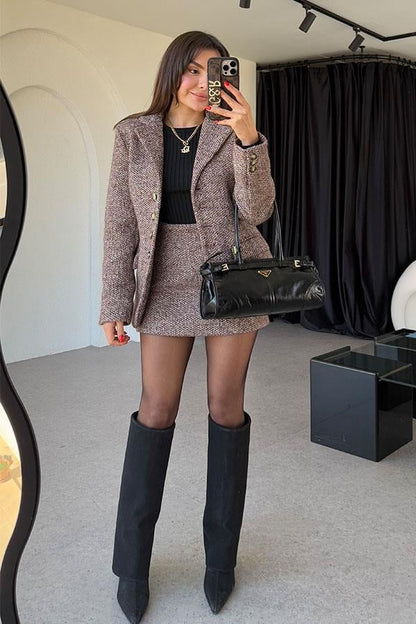 Tweed Kahve İçi Şortlu Etek Takım