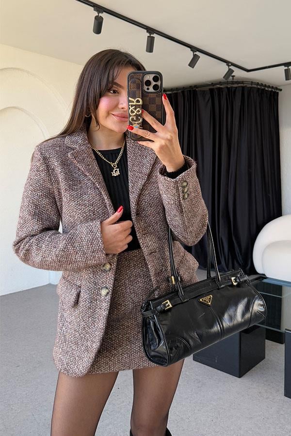 Tweed Kahve İçi Şortlu Etek Takım