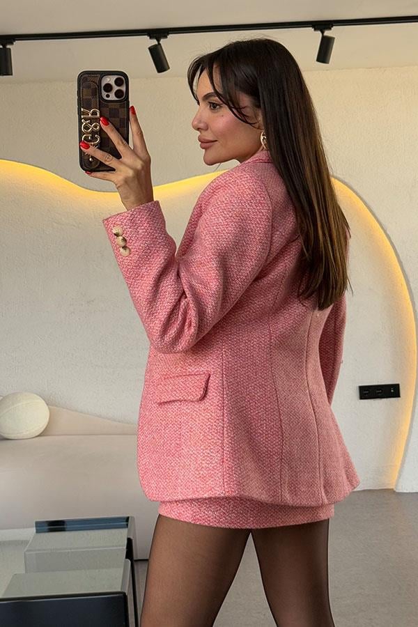 Tweed Pembe İçi Şortlu Etek Takım