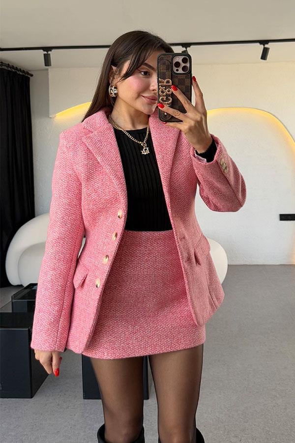Tweed Pembe İçi Şortlu Etek Takım