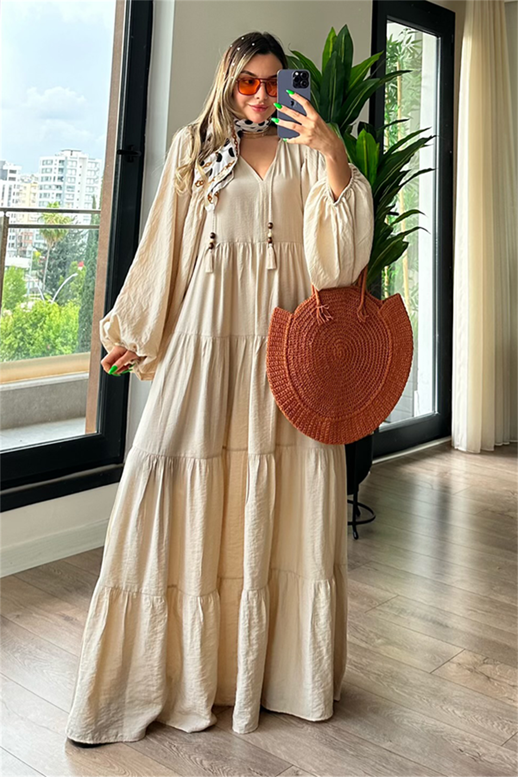 V yaka keten bohem elbise - Krem