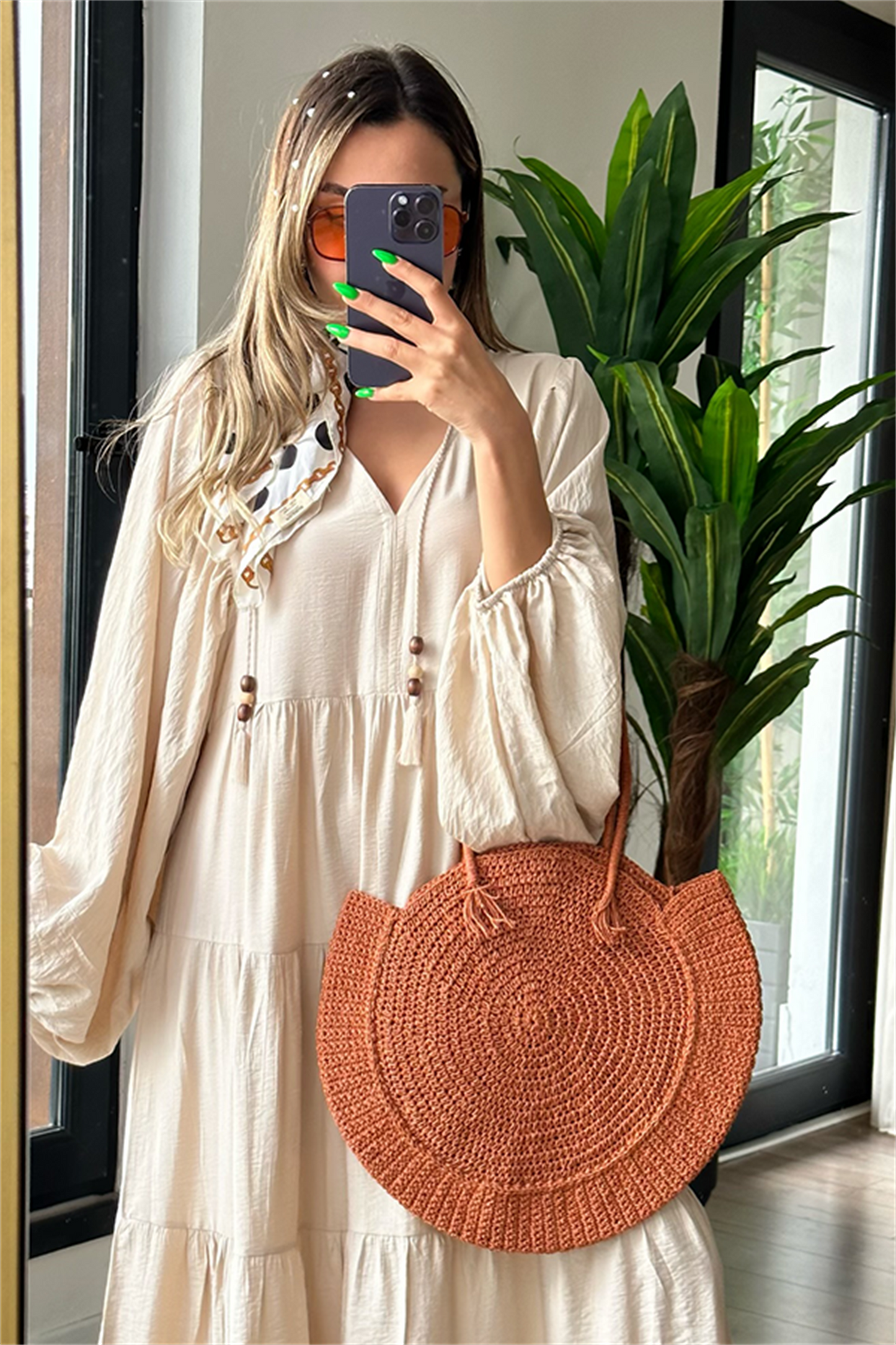 V yaka keten bohem elbise - Krem