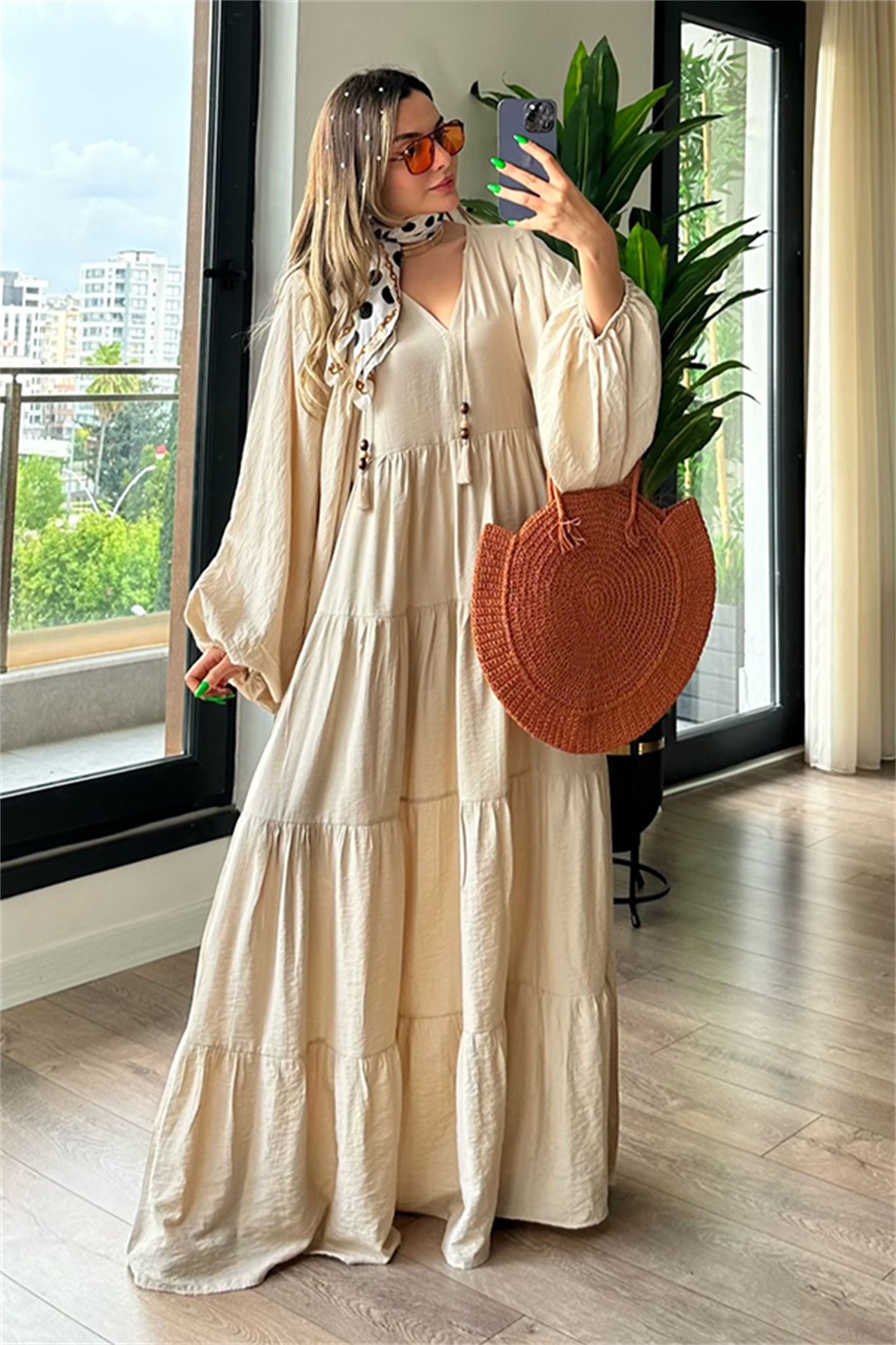 V yaka keten bohem elbise - Krem