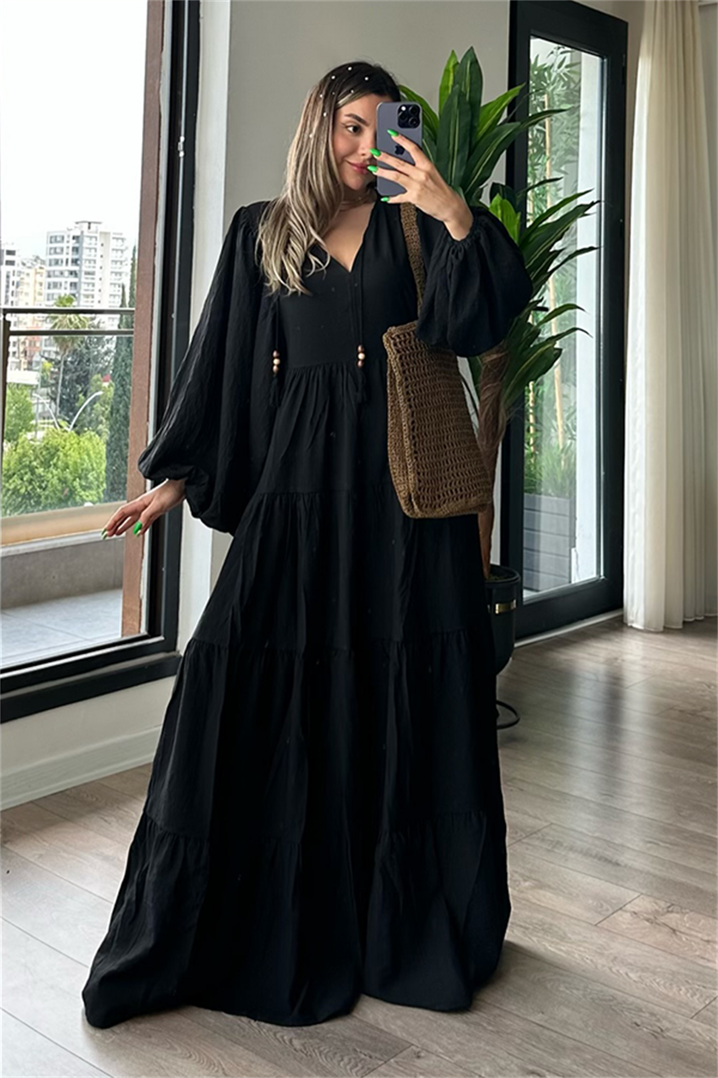 V yaka keten bohem elbise - Siyah