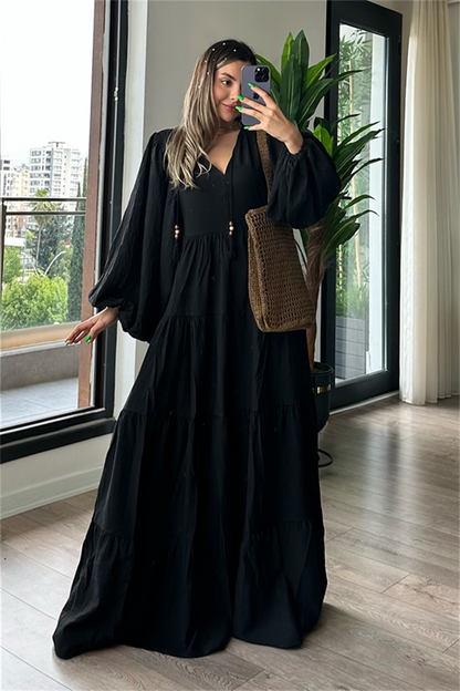 V yaka keten bohem elbise - Siyah