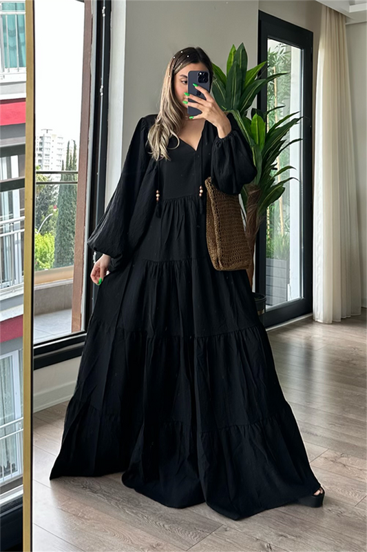V yaka keten bohem elbise - Siyah