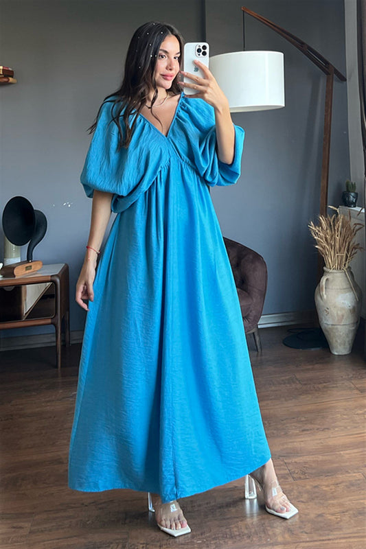 V yaka keten mavi elbise