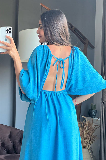 V yaka keten mavi elbise