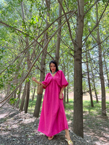 V yaka keten pembe elbise