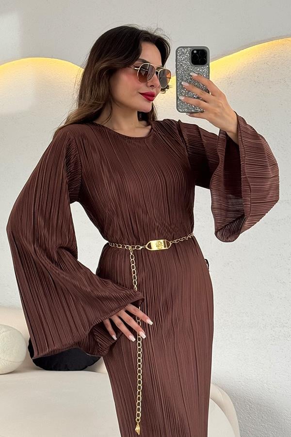 Valdes Astarlı Kırinkıl Elbise - Acı Kahve