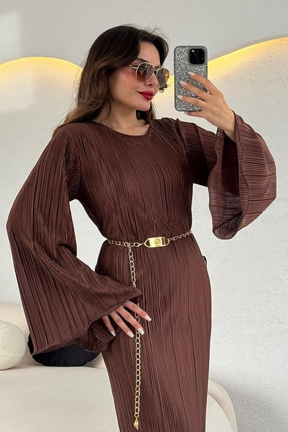 Valdes Astarlı Kırinkıl Elbise - Acı Kahve