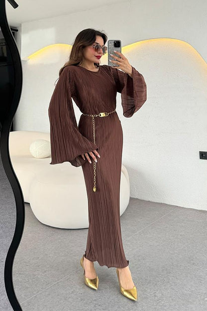 Valdes Astarlı Kırinkıl Elbise - Acı Kahve