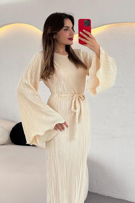 Valdes Astarlı Kırinkıl Elbise - Ekru