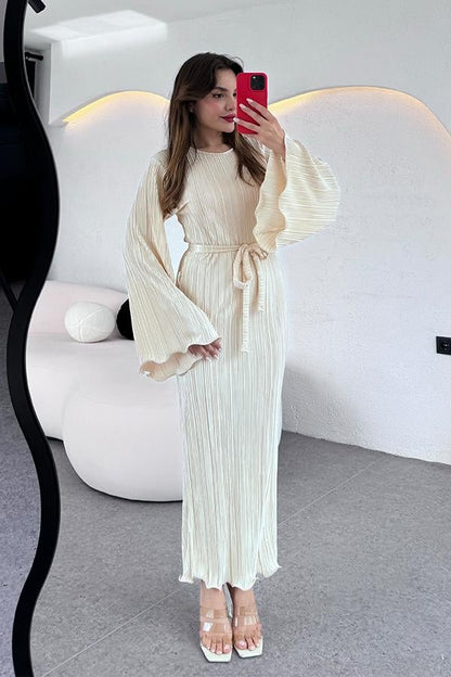 Valdes Astarlı Kırinkıl Elbise - Ekru