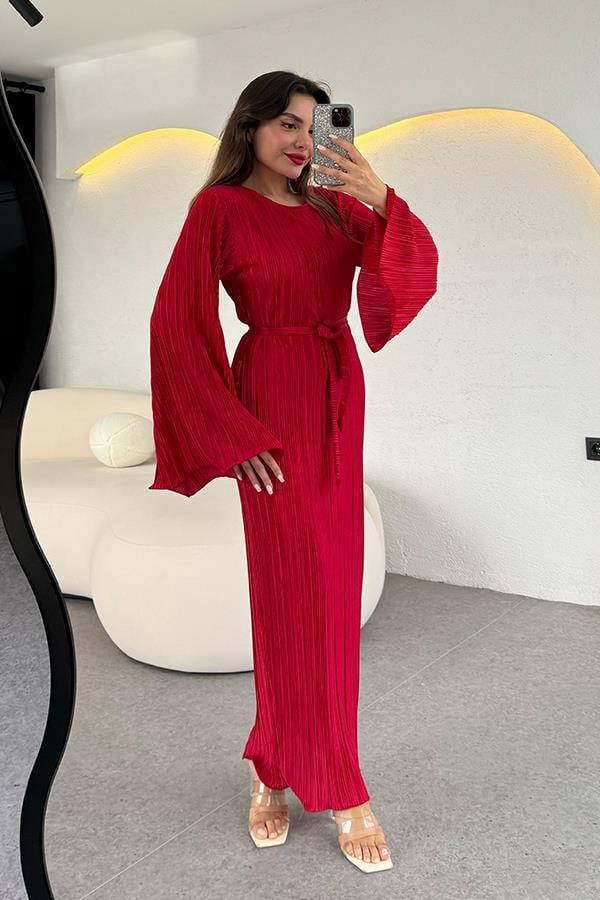 Valdes Astarlı Kırinkıl Elbise - Kırmızı