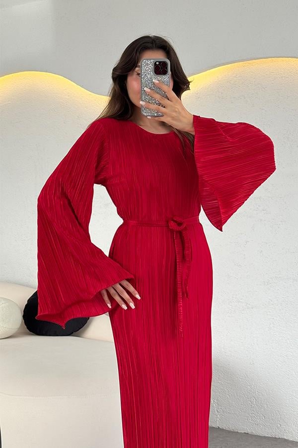 Valdes Astarlı Kırinkıl Elbise - Kırmızı