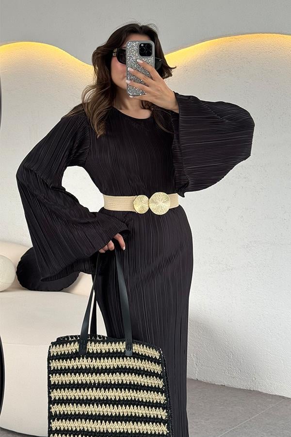 Valdes Astarlı Kırinkıl Elbise - Siyah