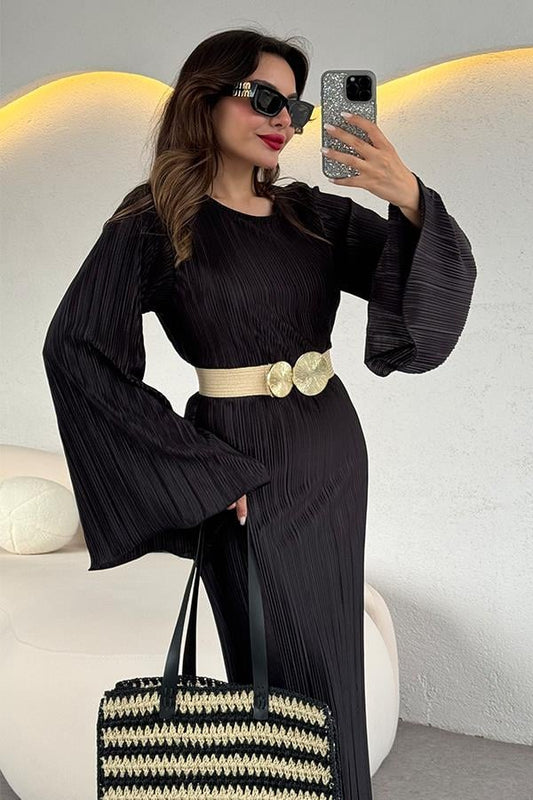 Valdes Astarlı Kırinkıl Elbise - Siyah