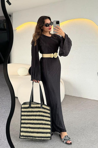 Valdes Astarlı Kırinkıl Elbise - Siyah