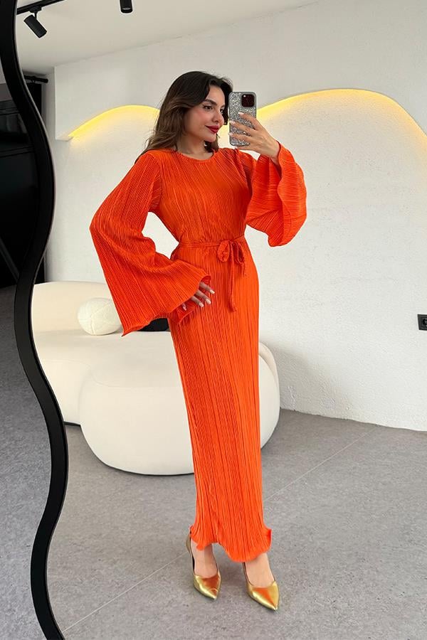 Valdes Astarlı Kırinkıl Elbise - Turuncu