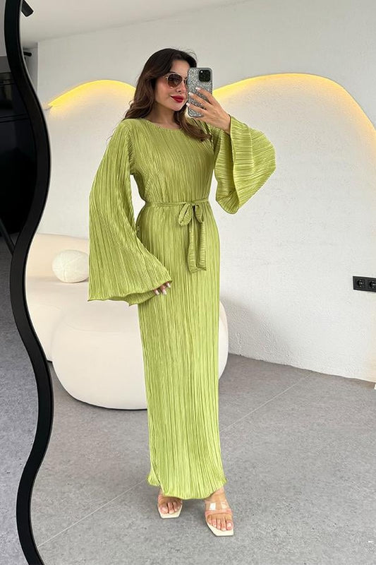 Valdes Astarlı Kırinkıl Elbise - Yağ Yeşil