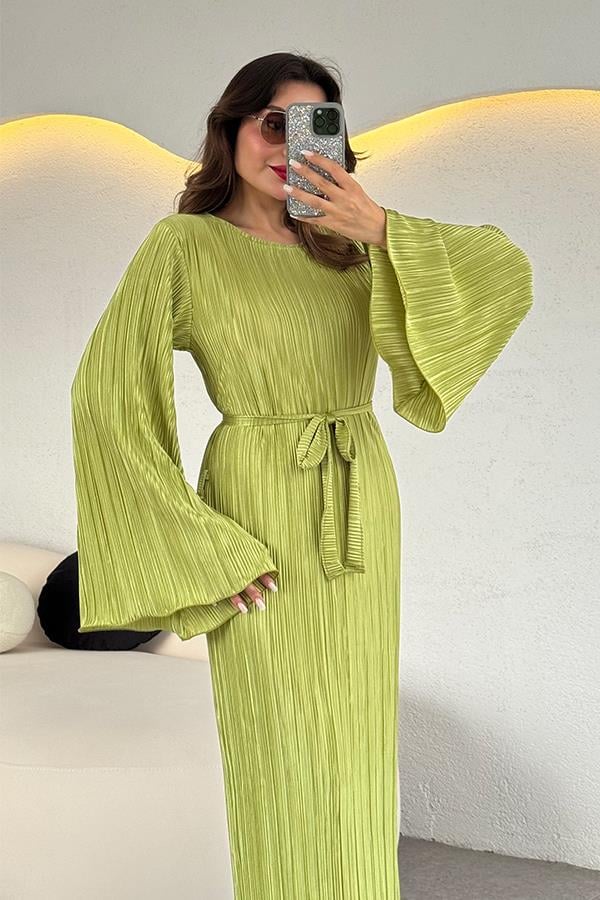 Valdes Astarlı Kırinkıl Elbise - Yağ Yeşil