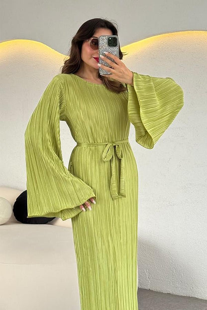 Valdes Astarlı Kırinkıl Elbise - Yağ Yeşil