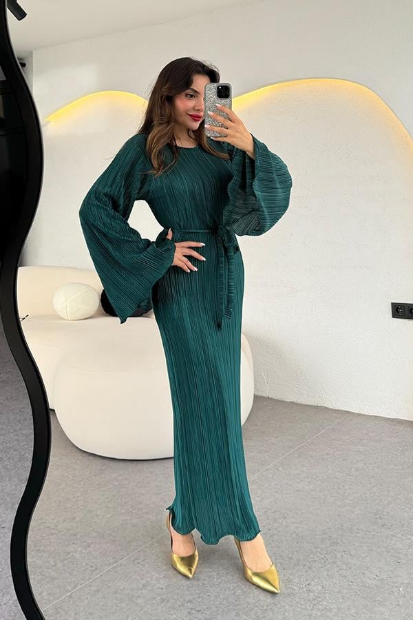 Valdes Astarlı Kırinkıl Elbise - Zümrüt