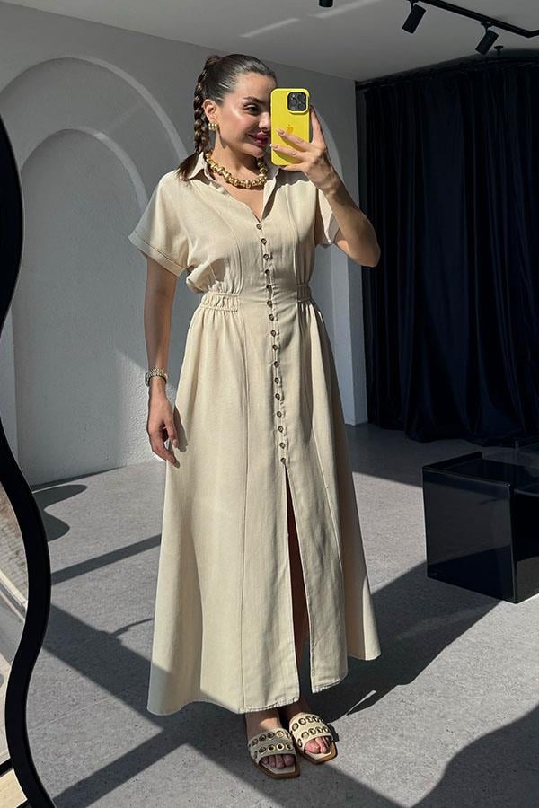 Valerie Düğme Detaylı Yakalı Elbise-Krem