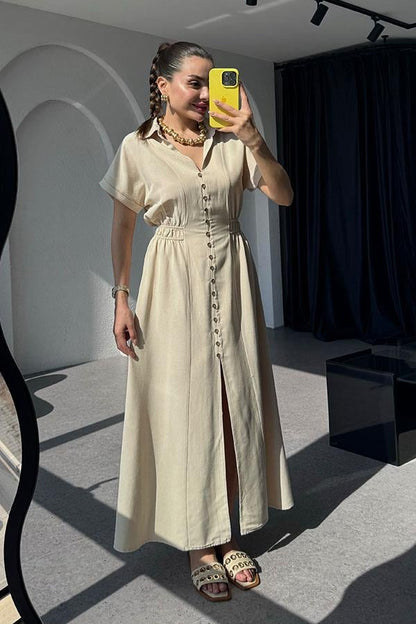 Valerie Düğme Detaylı Yakalı Elbise-Krem