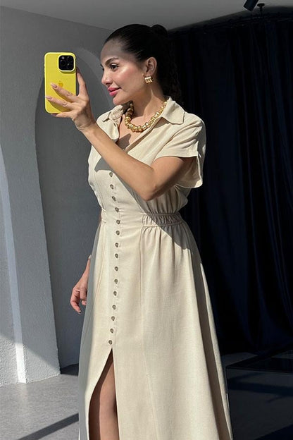 Valerie Düğme Detaylı Yakalı Elbise-Krem