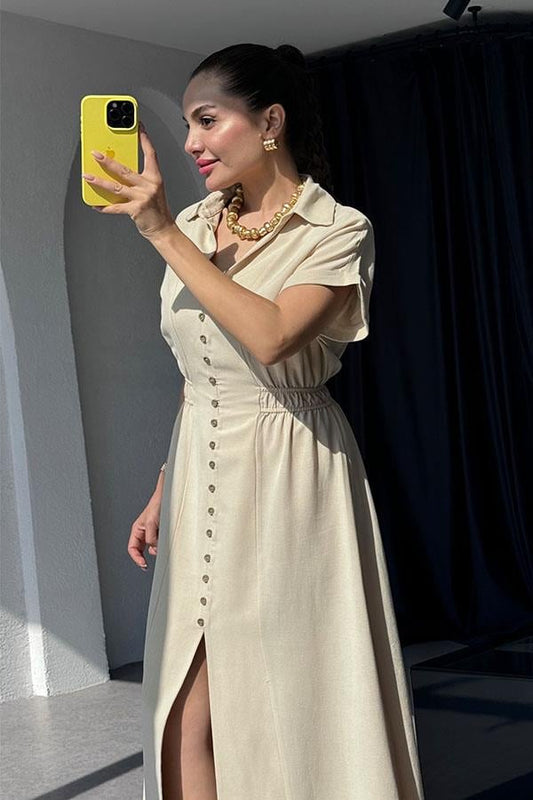 Valerie Düğme Detaylı Yakalı Elbise-Krem