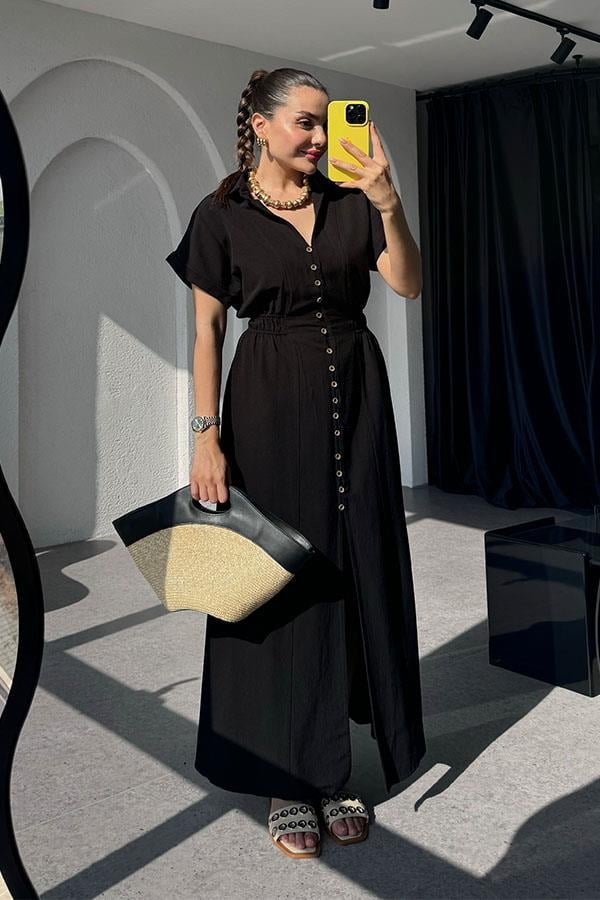 Valerie Düğme Detaylı Yakalı Elbise-Siyah