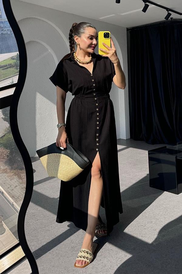 Valerie Düğme Detaylı Yakalı Elbise-Siyah