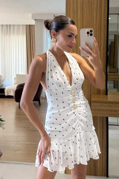 Valery Beyaz Gold Detaylı Puantiye Elbise