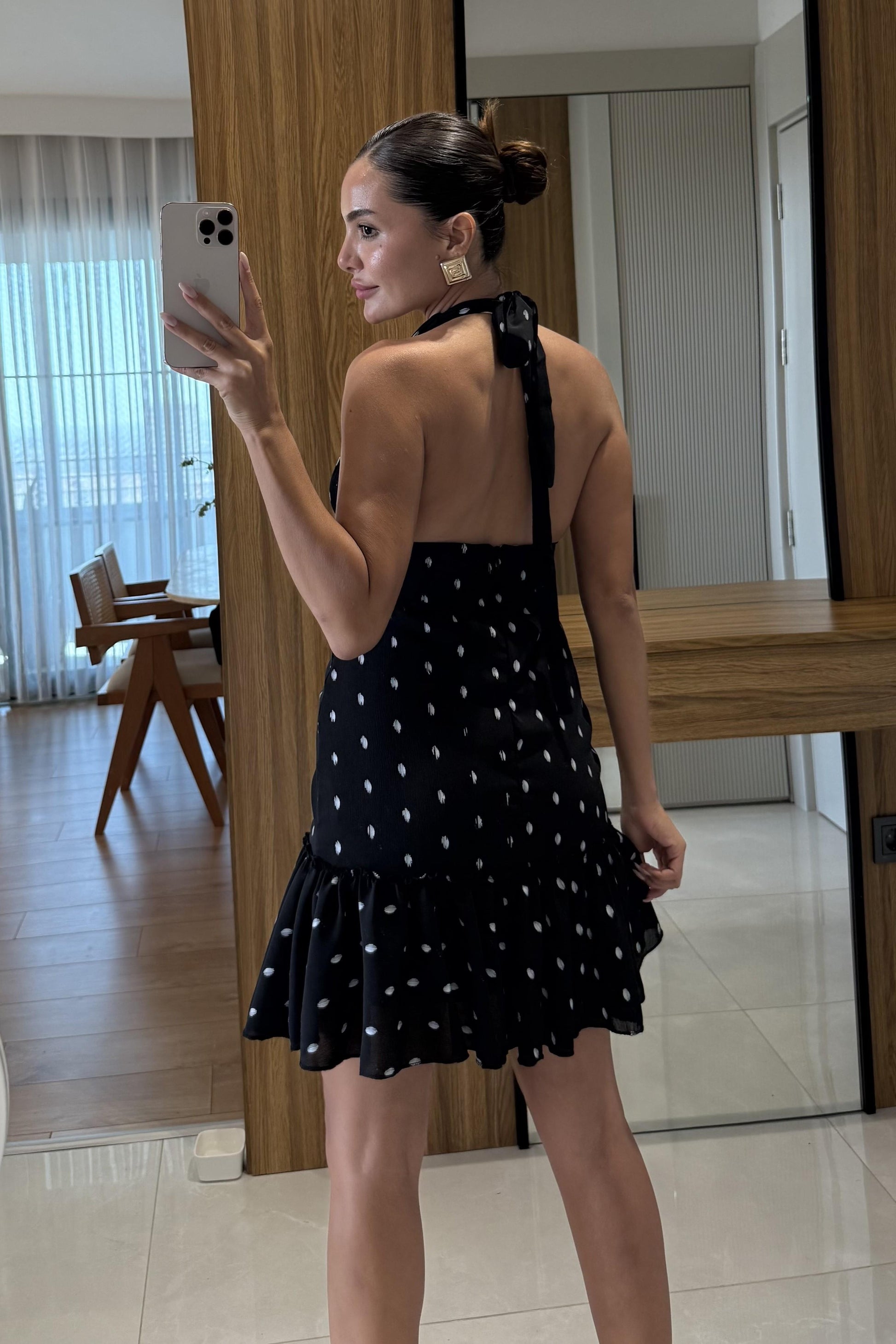 Valery Siyah Gold Detaylı Puantiye Elbise