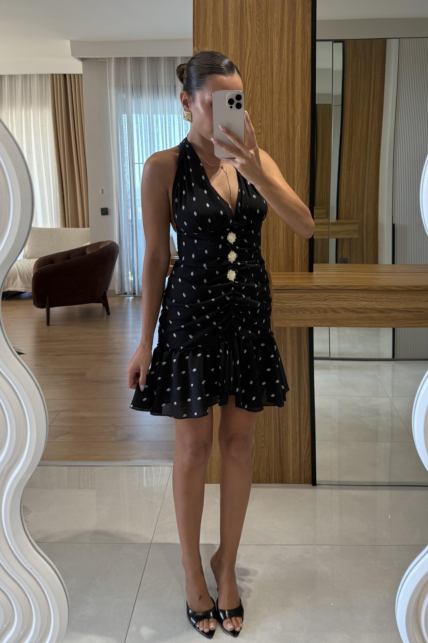 Valery Siyah Gold Detaylı Puantiye Elbise