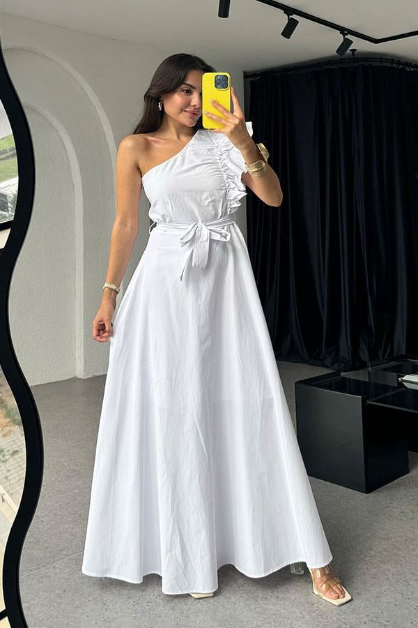 Valeska Tek Omuz Kuşaklı Elbise- Beyaz