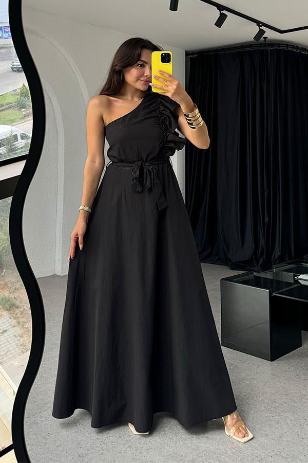 Valeska Tek Omuz Kuşaklı Elbise- Siyah