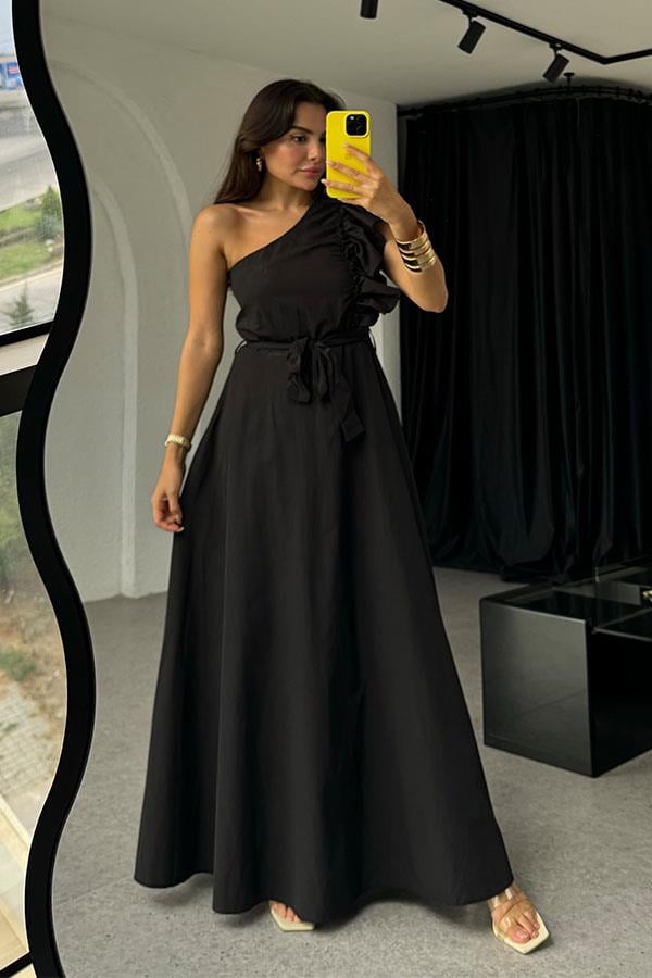 Valeska Tek Omuz Kuşaklı Elbise- Siyah