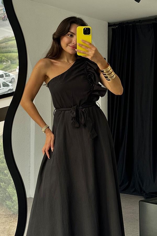 Valeska Tek Omuz Kuşaklı Elbise- Siyah