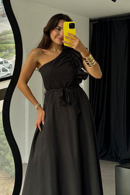 Valeska Tek Omuz Kuşaklı Elbise- Siyah