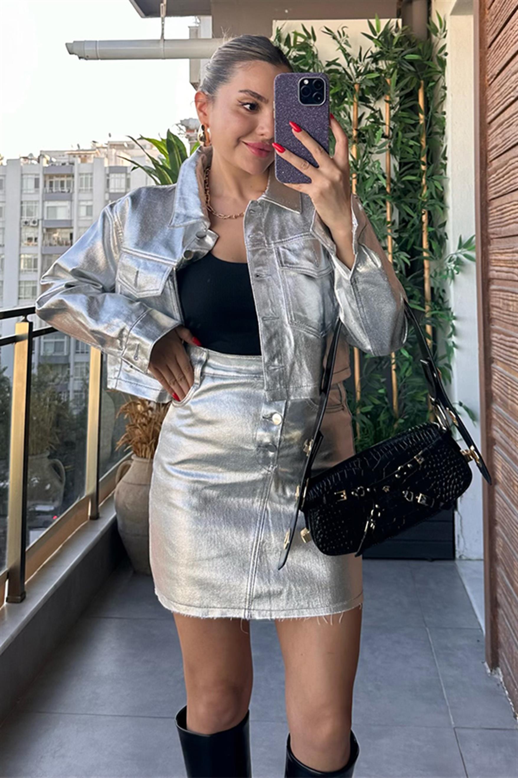 Valiyeva Metalik Ceket - Etek Takım