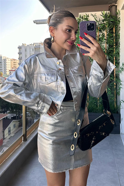 Valiyeva Metalik Ceket - Etek Takım