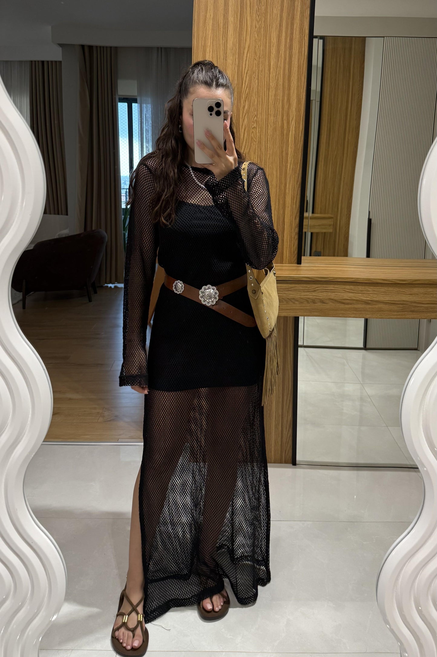 Vareli Siyah Astarlı File Elbise