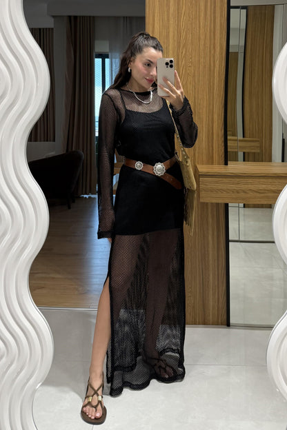 Vareli Siyah Astarlı File Elbise