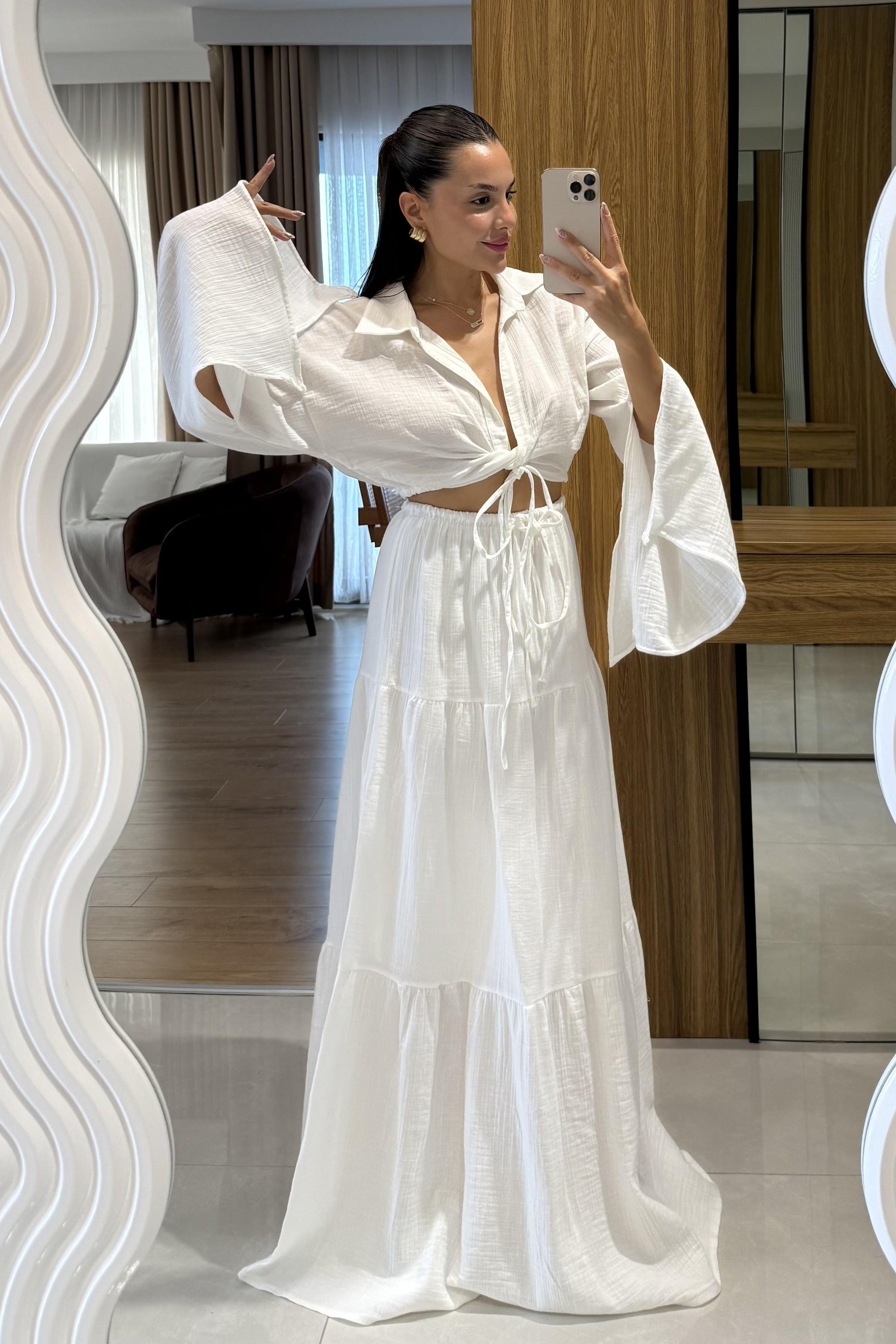 Vasse Beyaz Gömleği Bağlamalı Etekli Müslin Takım