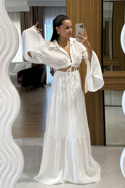 Vasse Beyaz Gömleği Bağlamalı Etekli Müslin Takım